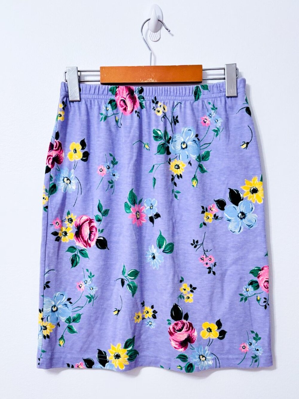 AVON Purple Floral Print Pull On Straight Skirt Cottagecore Small